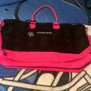 Overnight VS black sequin and pink bag